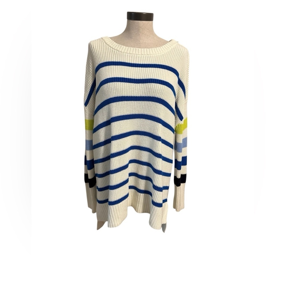 Talbots Women's Striped Sweater in Cream, Blue, and Yellow 2X Preppy Nautical